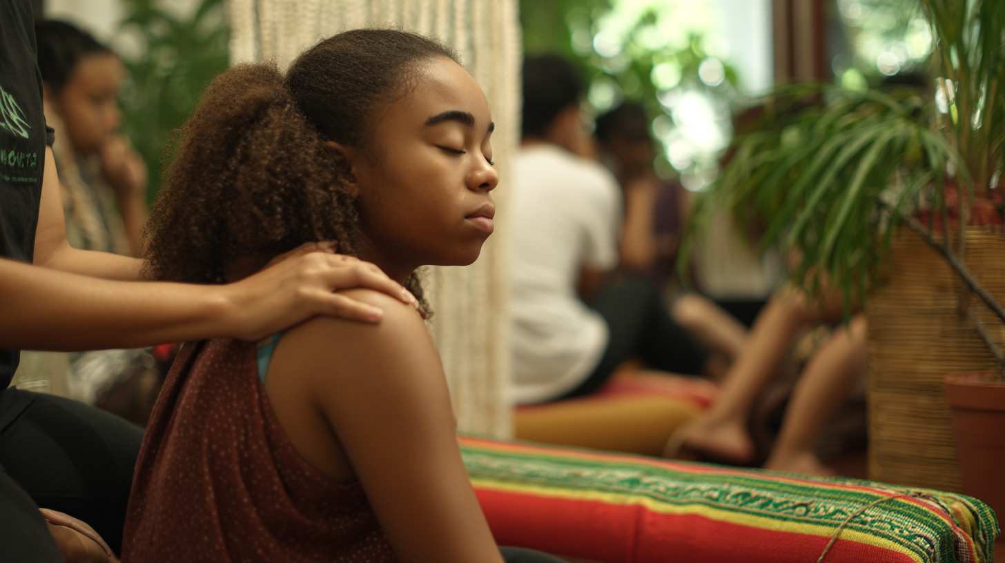 A woman receiving a gentle shoulder touch during a restorative session at mood
